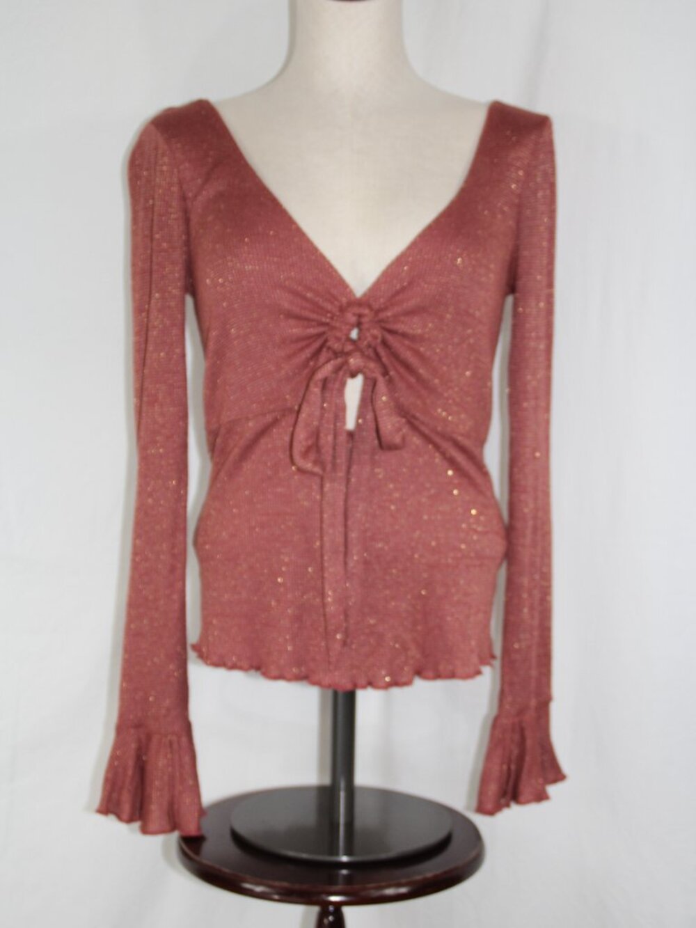 Intimately Free People SMALL Say When Metallic Long Sleeve Tie Front Shirt Mauve